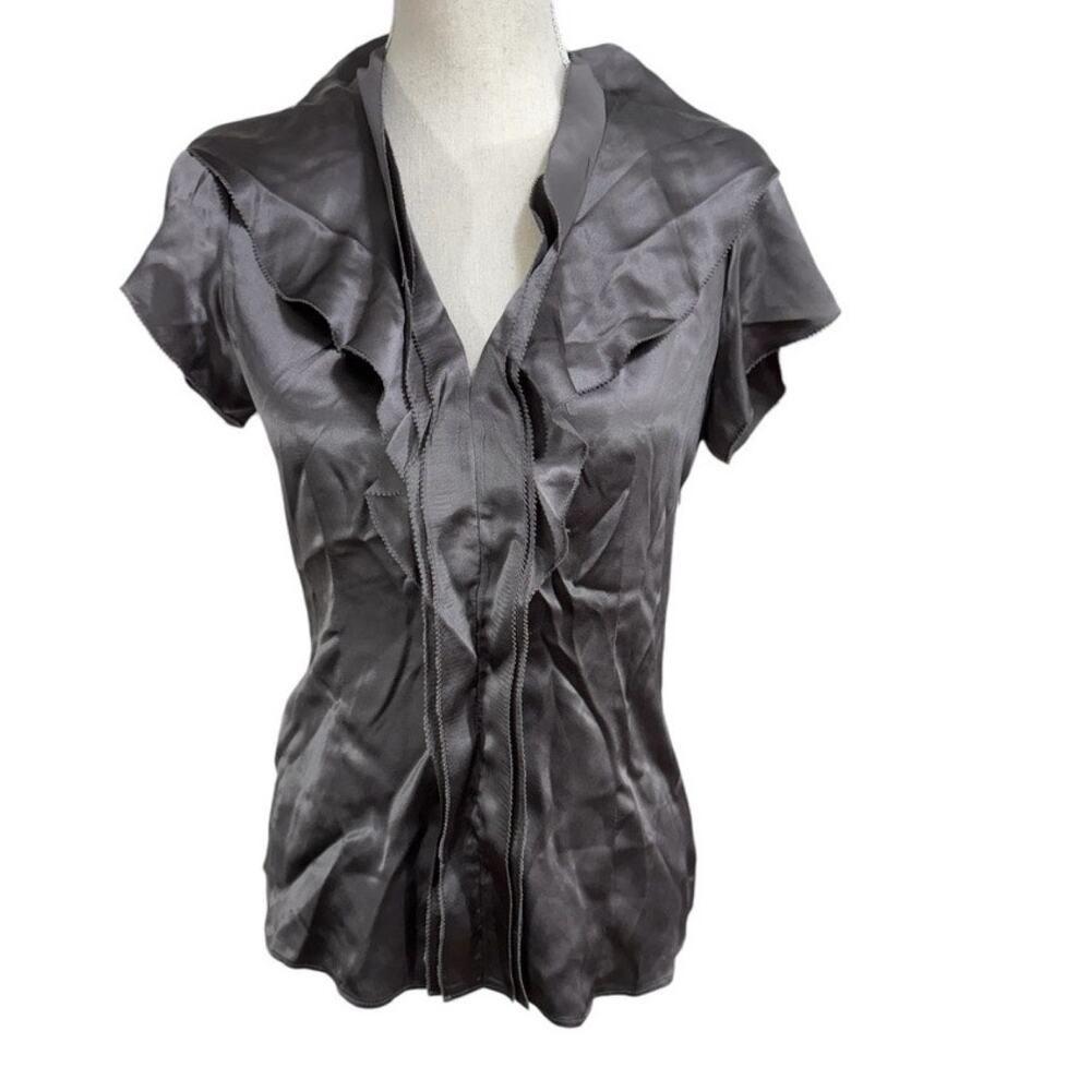"BCBG MAXAZIRA" 100% SILK, Ruffled Blouse,Dk Romance,Quiet Luxury,Office,Work,XS